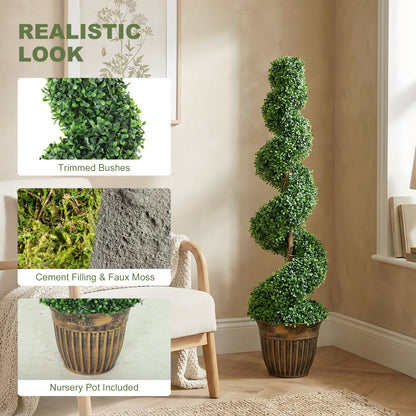 Set of 2 Potted Artificial Plants, Topiary Spiral Boxwood Trees