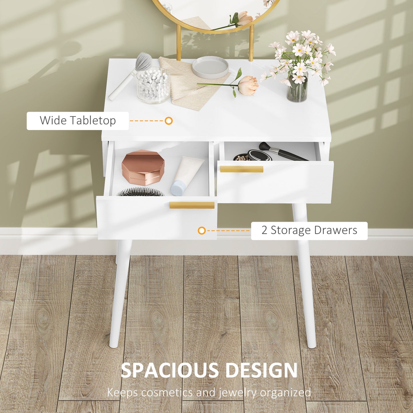 Modern Dressing Table w/ 2 Drawers Round Mirror for Bedroom White