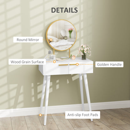 Modern Dressing Table w/ 2 Drawers Round Mirror for Bedroom White