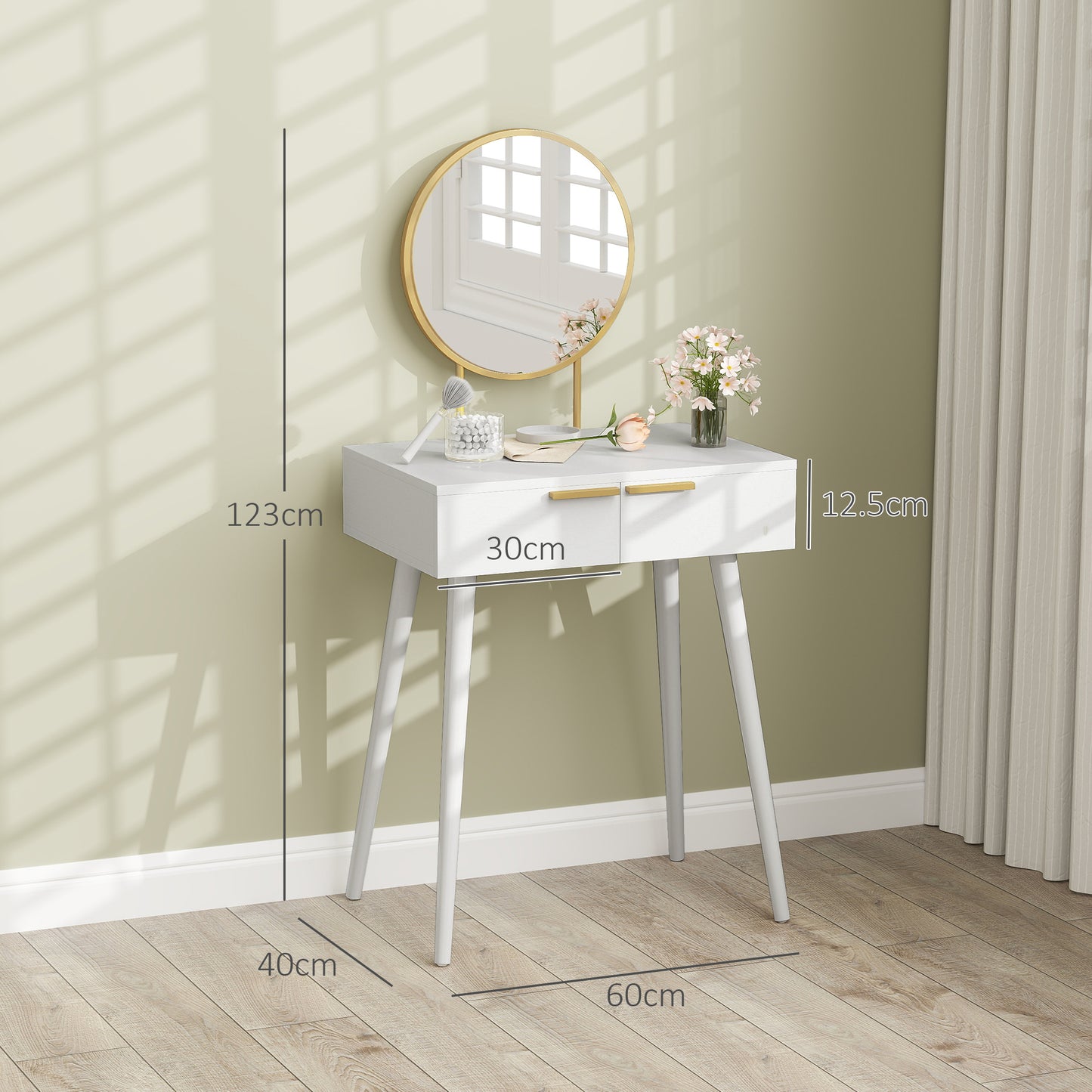 Modern Dressing Table w/ 2 Drawers Round Mirror for Bedroom White