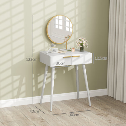 Modern Dressing Table w/ 2 Drawers Round Mirror for Bedroom White