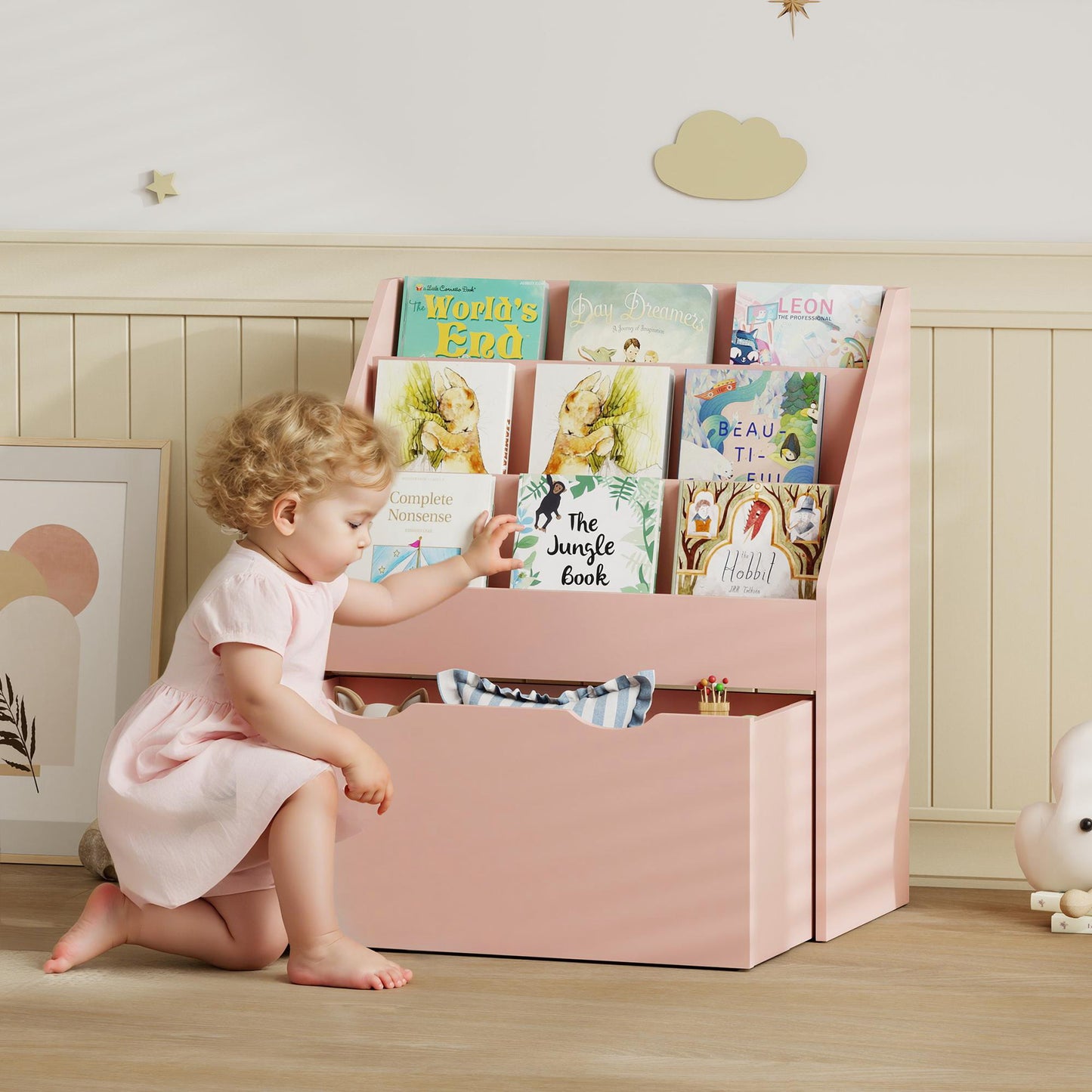Kids Bookcase w/ 3 Tier Shelves, Drawer, for Bedroom, Nursery, Pink