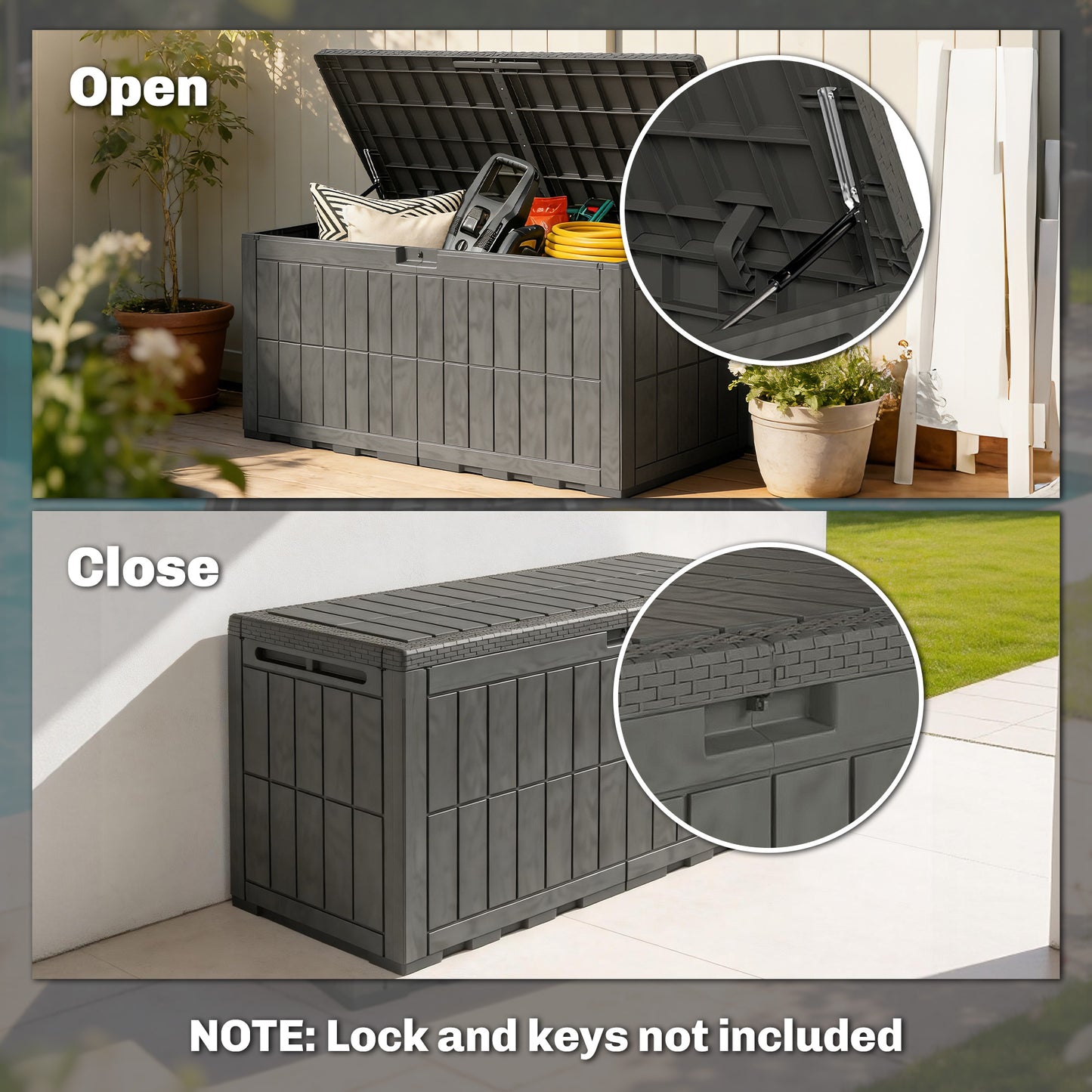 440L Garden Storage Box, Waterproof Resin Deck Box w/Lockable Lid