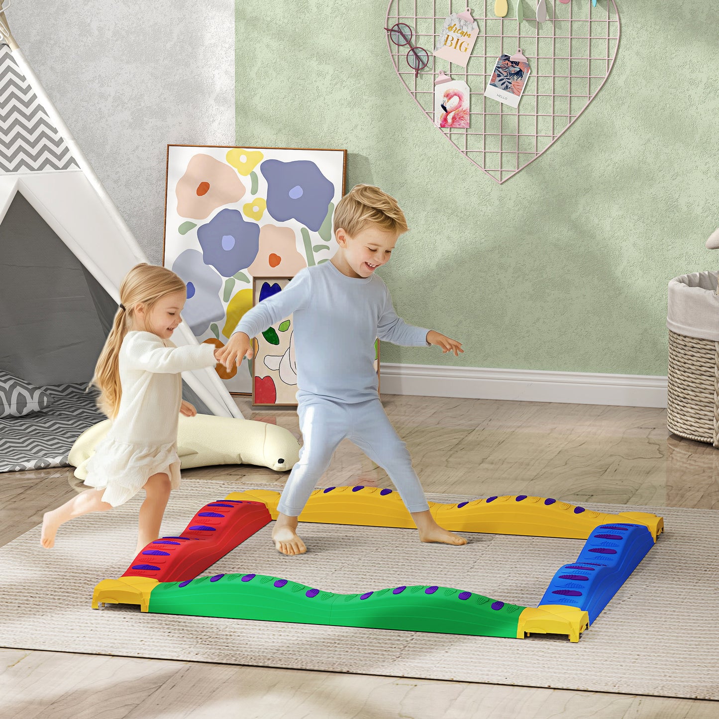 12-Piece Kids Balance Beam, Stepping Stones with Non-Slip Foot Pads