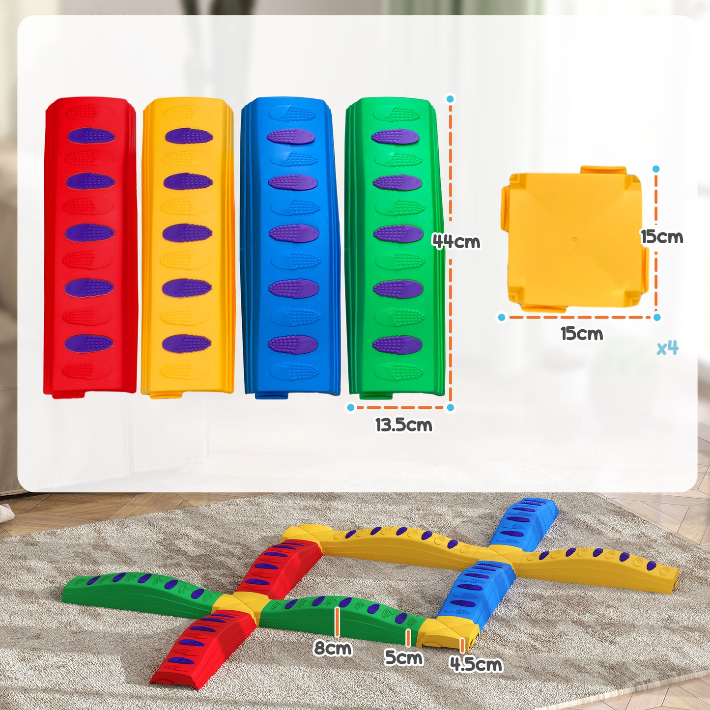 12-Piece Kids Balance Beam, Stepping Stones with Non-Slip Foot Pads