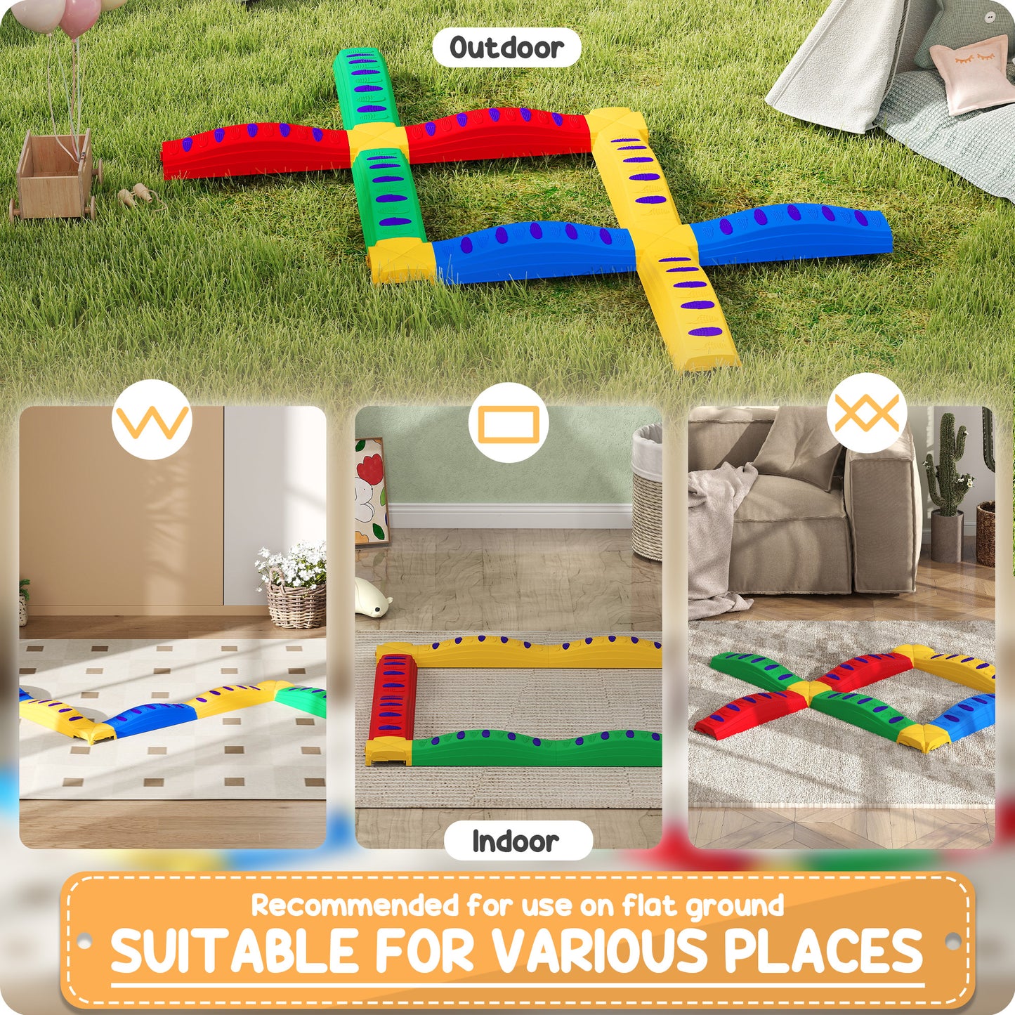 12-Piece Kids Balance Beam, Stepping Stones with Non-Slip Foot Pads