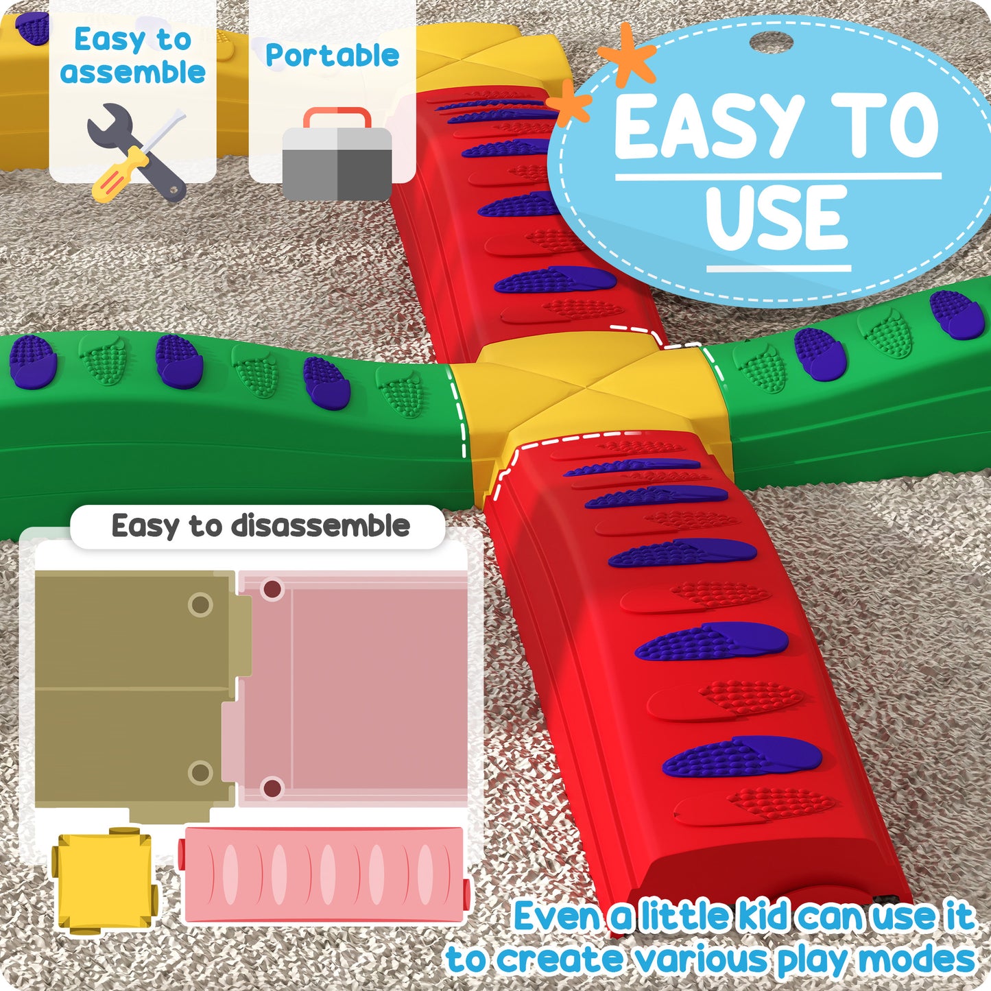 12-Piece Kids Balance Beam, Stepping Stones with Non-Slip Foot Pads