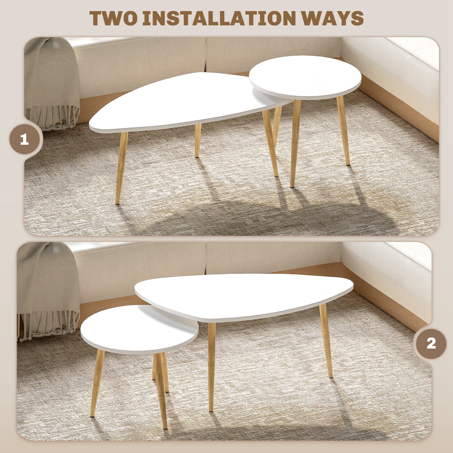 Coffee Table Set of 2 Nesting End Side Tables for Living Room, White
