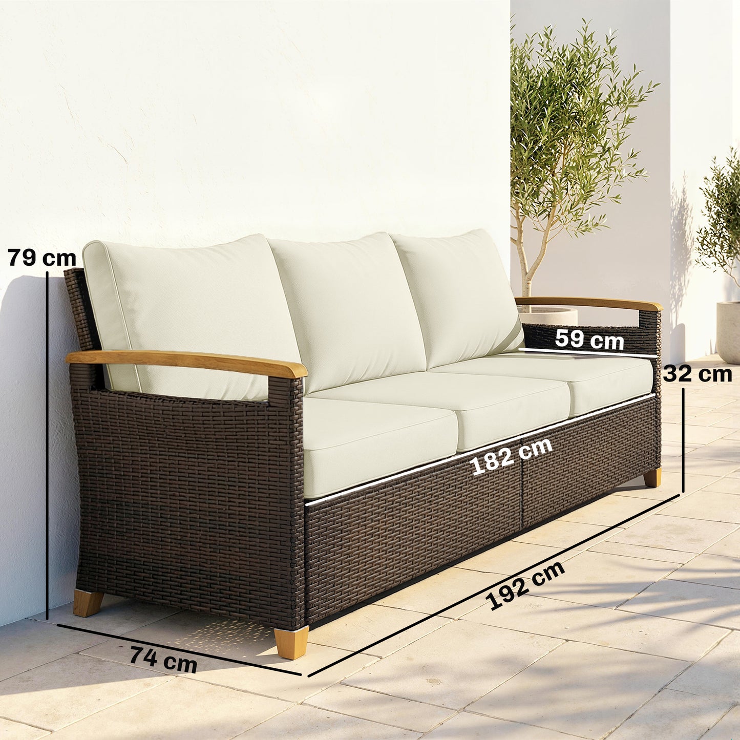3 Seater Rattan Garden Sofa with Cushioned Wide Seats, Brown