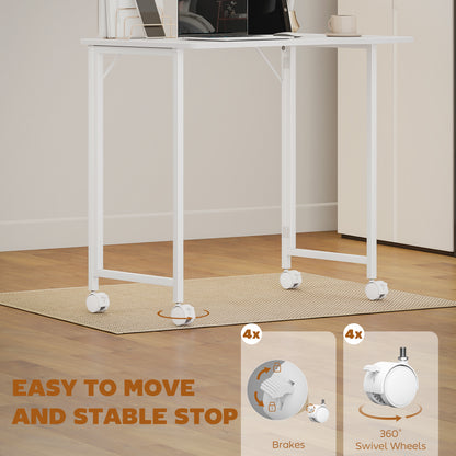 Small Writing Desk with Wheels, Folding Study Table, White