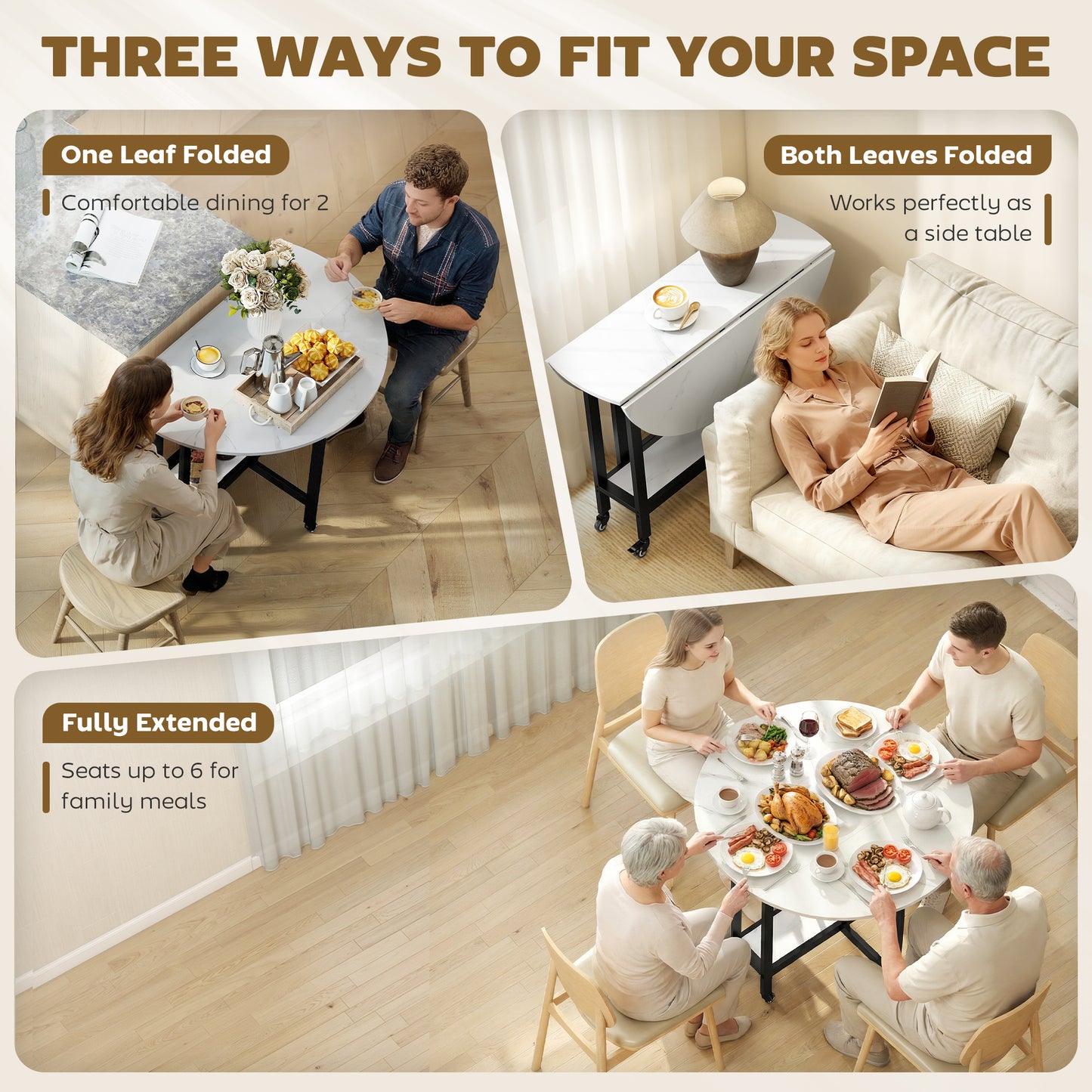 Folding Dining Table, Drop Leaf Table with Open Shelf, White Marble