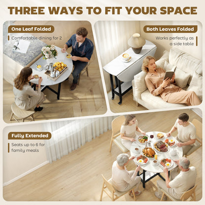 Folding Dining Table, Drop Leaf Table with Open Shelf, White Marble