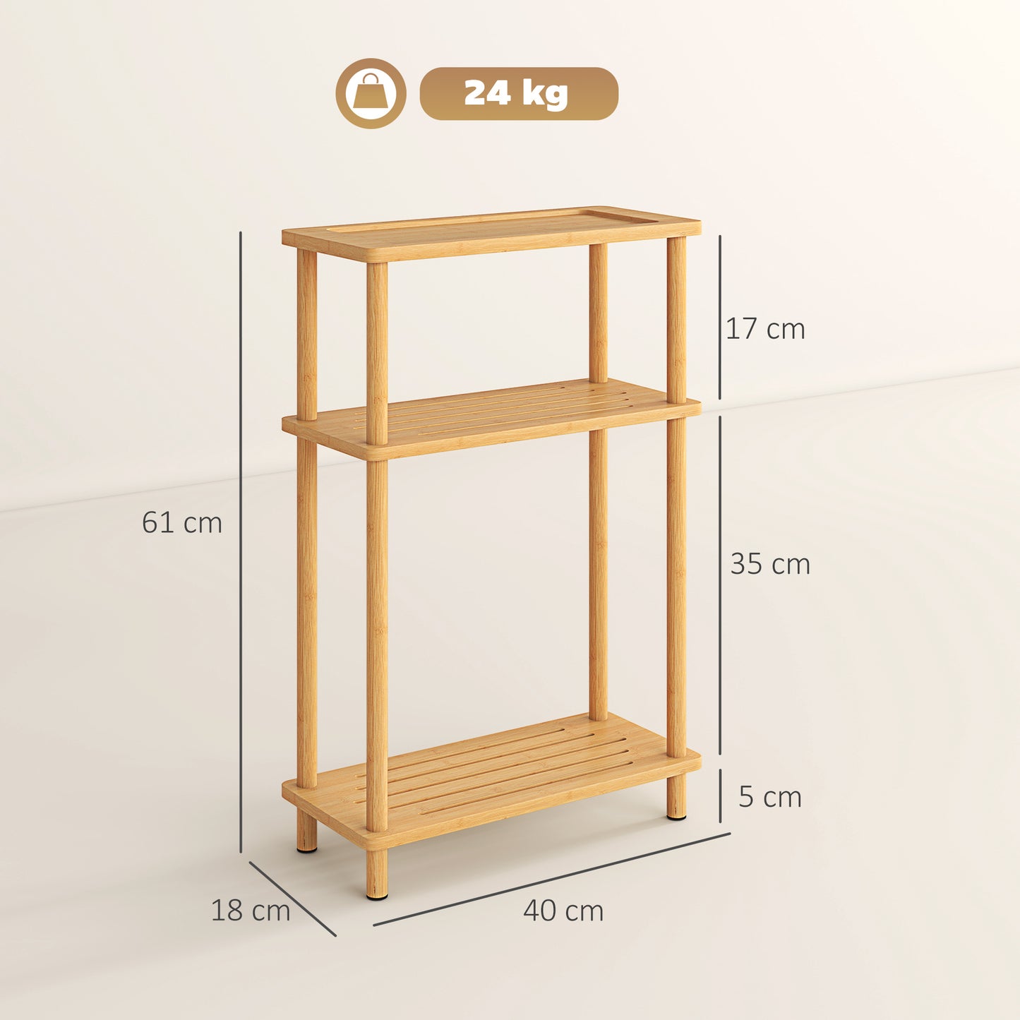 3-Tier Slim End Table, Tool-Free Assembly, Natural Wood Finish