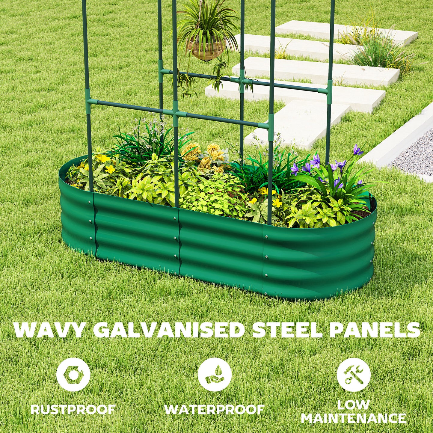 4 x 2 x 4.6ft Galvanised Raised Garden Bed with Trellis, Green