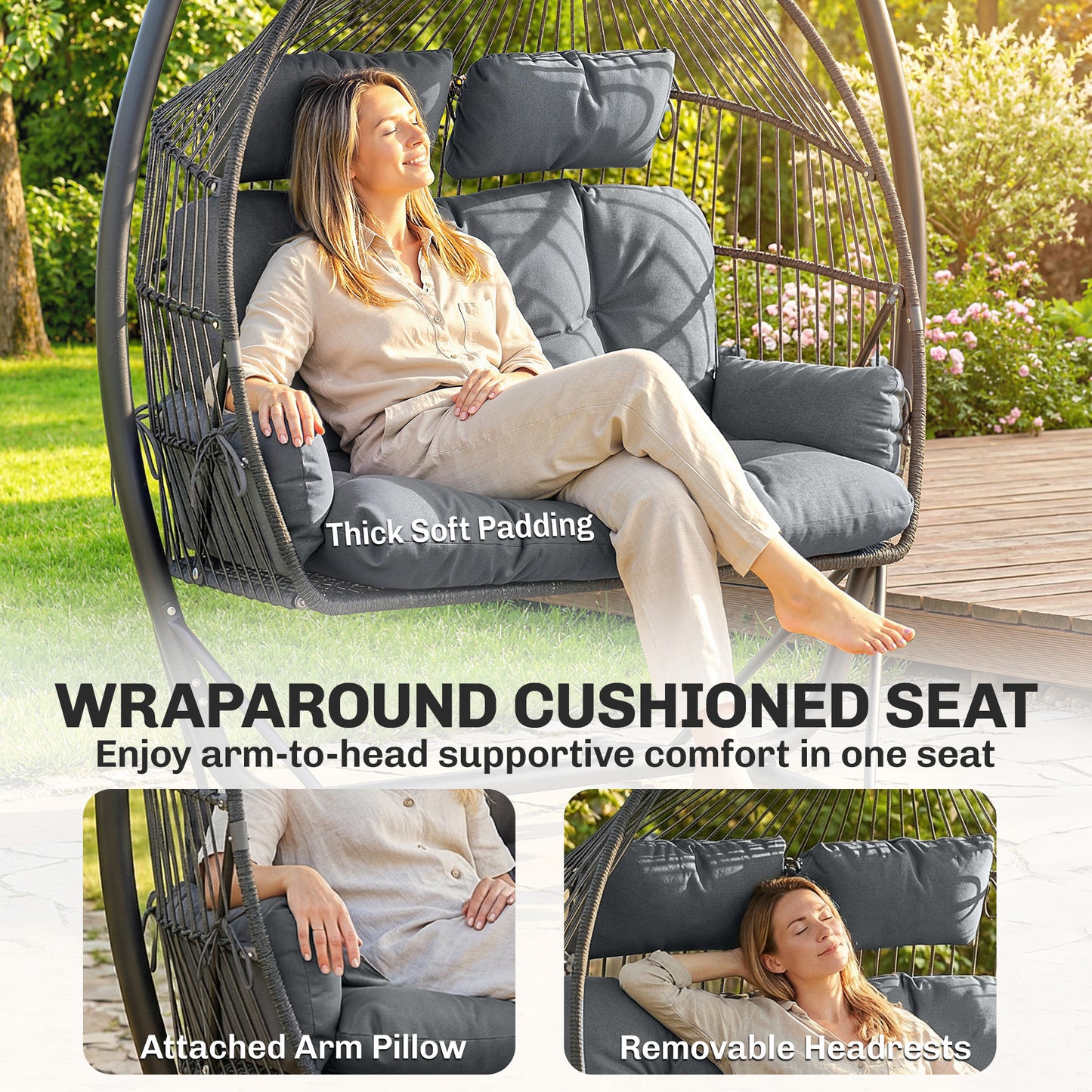 Double Hanging Egg Chair with Canopy, Egg Swing Chair, Dark Grey