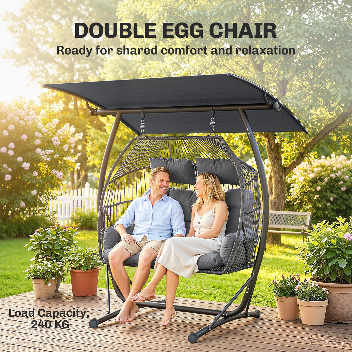 Double Hanging Egg Chair with Canopy, Egg Swing Chair, Dark Grey