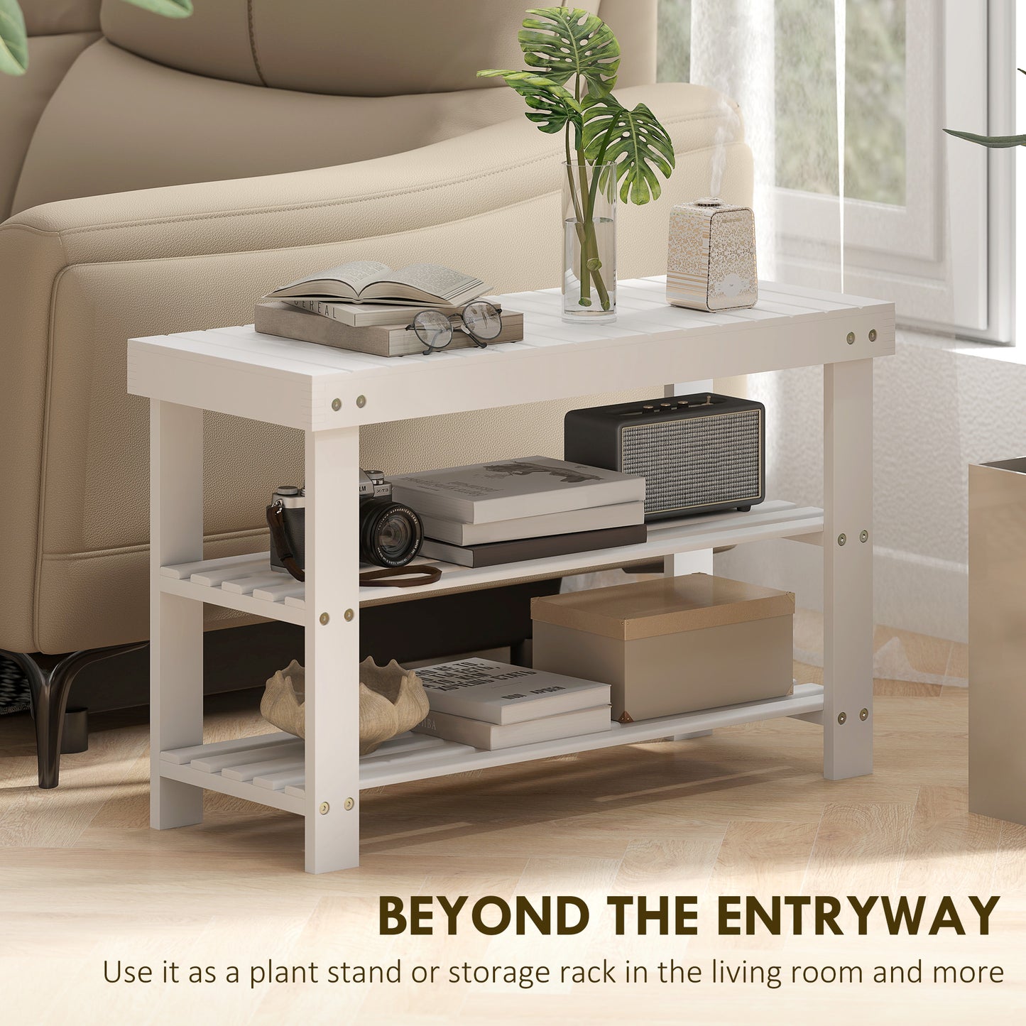 3-Tier Bamboo Shoe Bench with 2 Shelves for Entryway, White