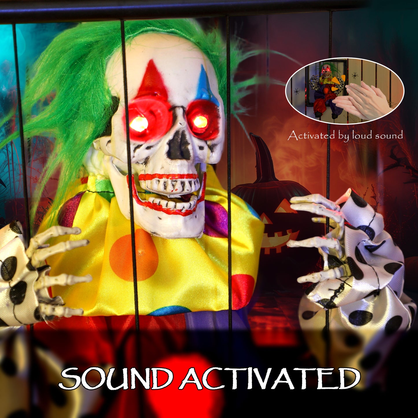 Voice Activated Halloween Animatronics Hinging Clown in Cage
