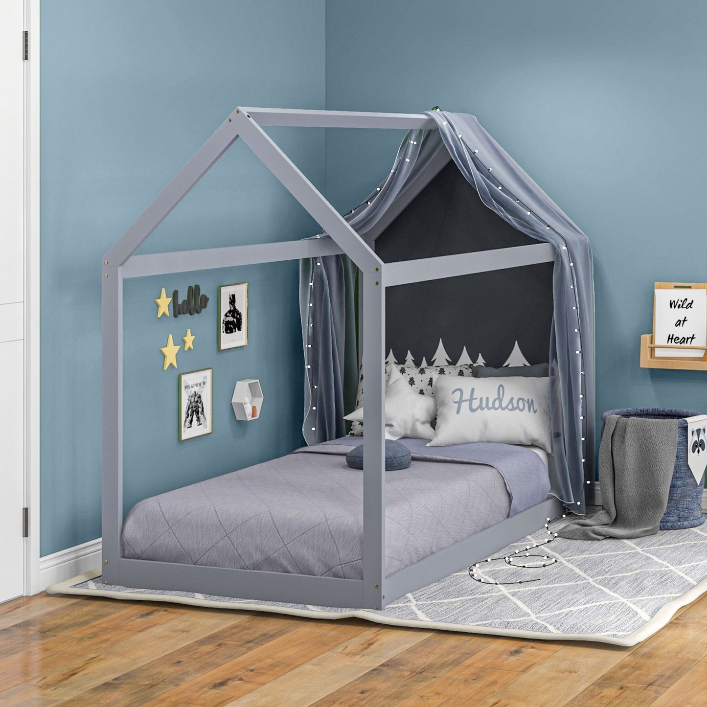 Single Bed Frame, House Scandinavian Style Wooden Bed Frame - Pine Wood Bed Base, Grey