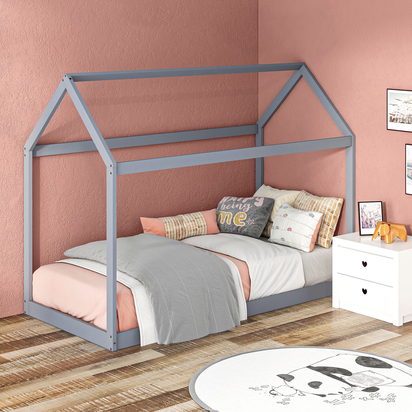Single Bed Frame, House Scandinavian Style Wooden Bed Frame - Pine Wood Bed Base, Grey