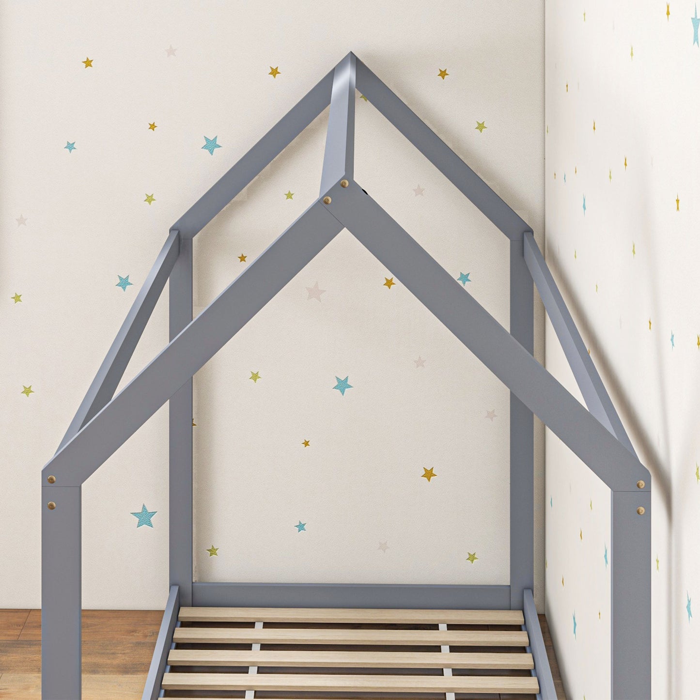 Single Bed Frame, House Scandinavian Style Wooden Bed Frame - Pine Wood Bed Base, Grey