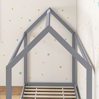 Single Bed Frame, House Scandinavian Style Wooden Bed Frame - Pine Wood Bed Base, Grey