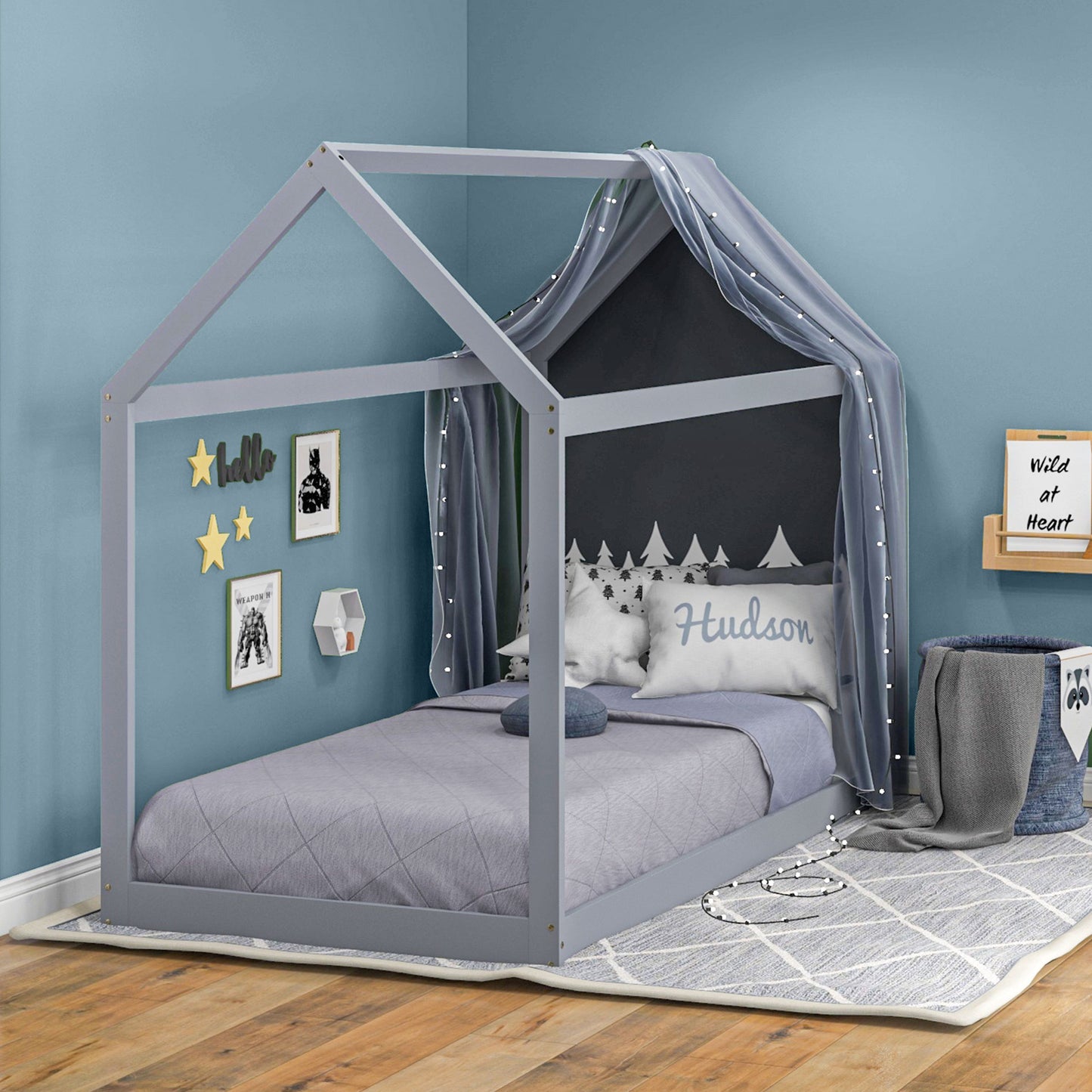 Single Bed Frame, House Scandinavian Style Wooden Bed Frame - Pine Wood Bed Base, Grey