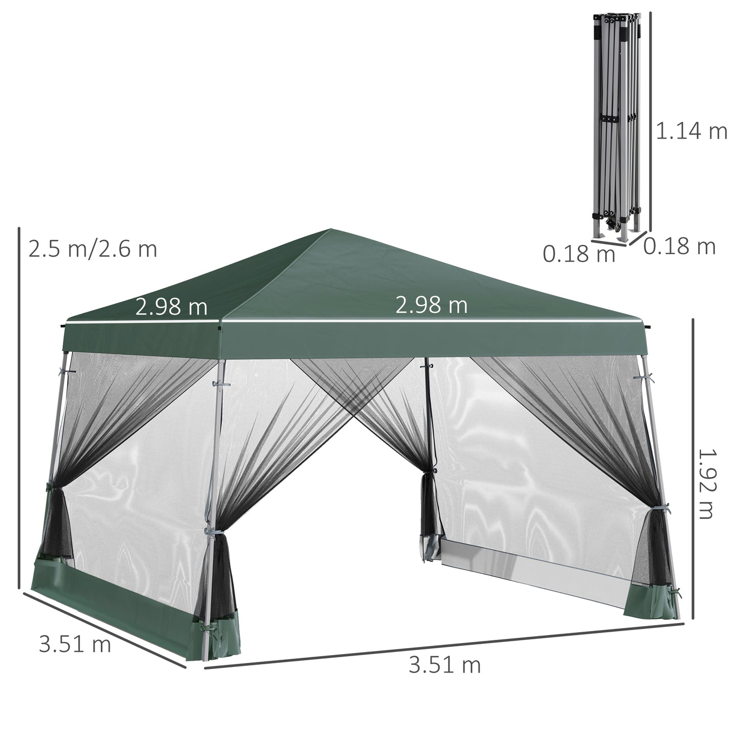 3 x3 x2.6m Folding Pop-up Garden Gazebo W/Mosquito Netting Green