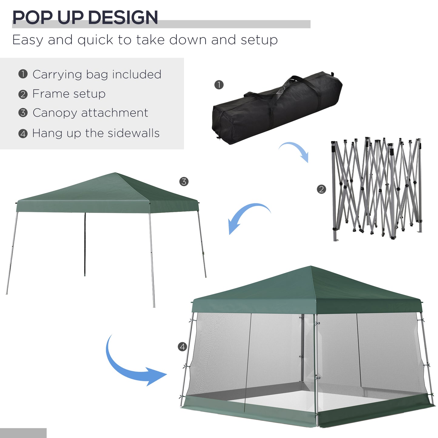 3 x3 x2.6m Folding Pop-up Garden Gazebo W/Mosquito Netting Green