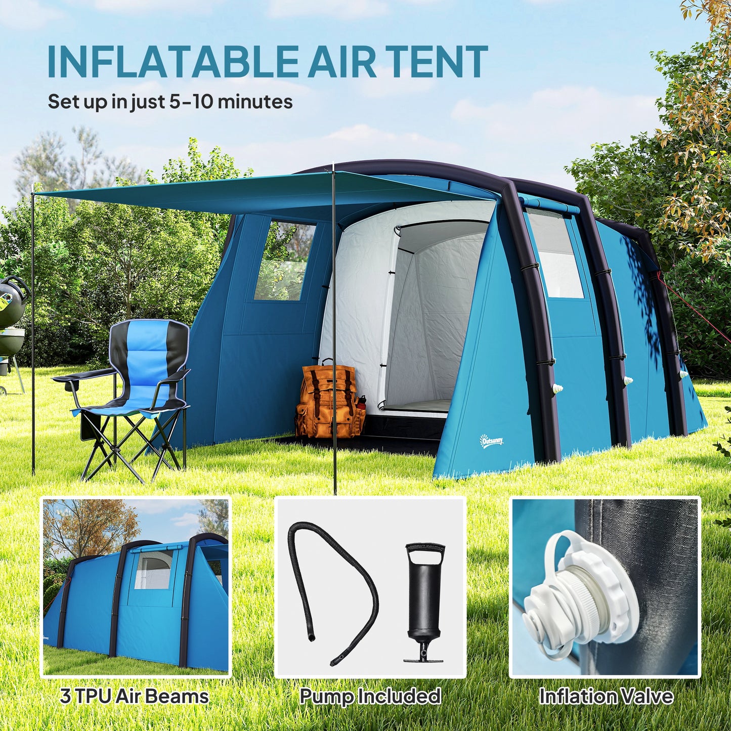 Inflatable 3-4 Man Tunnel Tent w/ Air Pump, Living Area, Blue