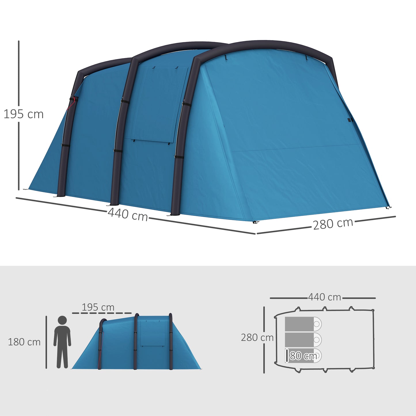 Inflatable 3-4 Man Tunnel Tent w/ Air Pump, Living Area, Blue