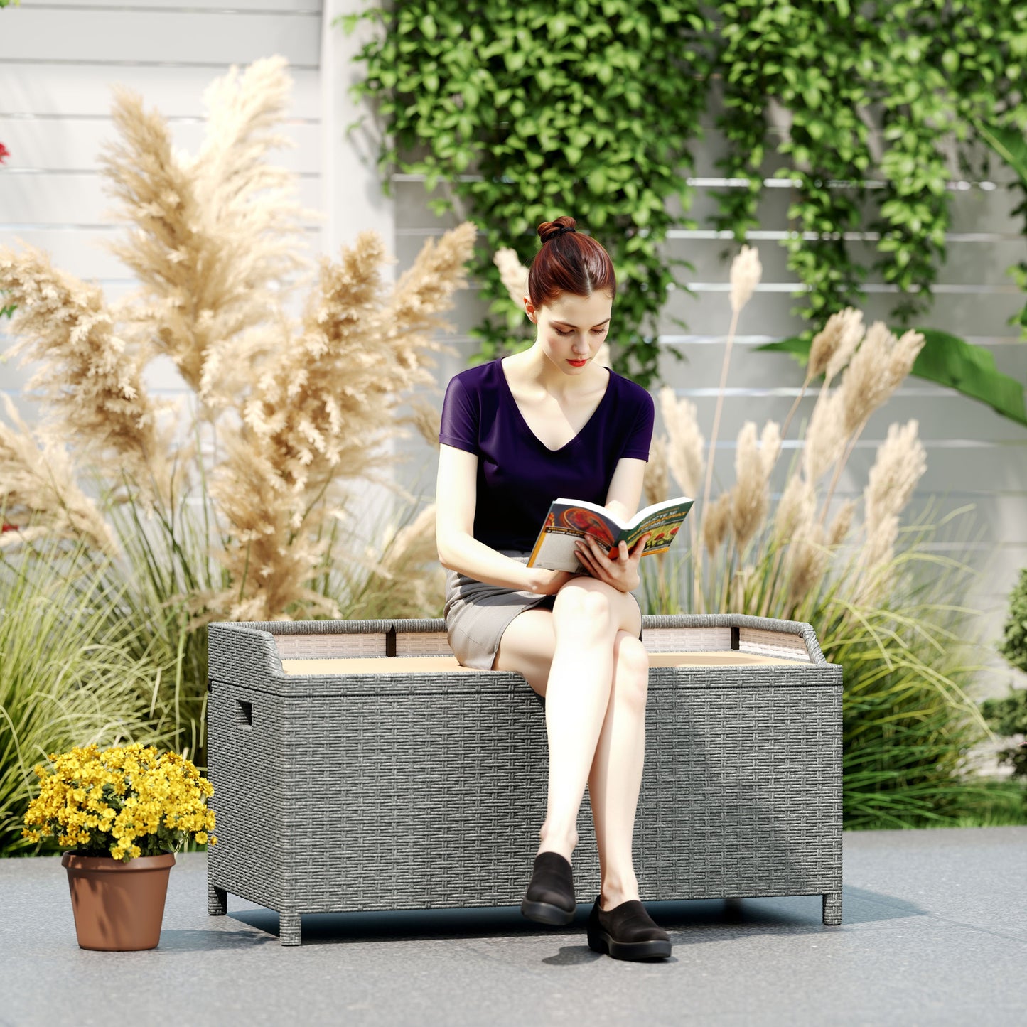 Rattan Outdoor Storage Bench with Aluminium Frame, Grey