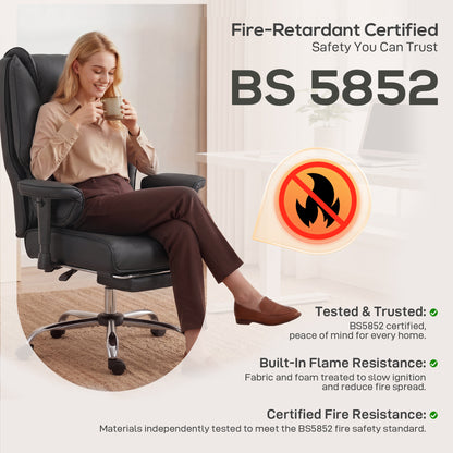 Executive Office Chair, Ergonomic Reclining Computer Desk Chair with Footrest, Adjustable Armrests, Spring Seat, High Back, Thick Cushion, Pet Friendly Faux Leather, Swivel, Black