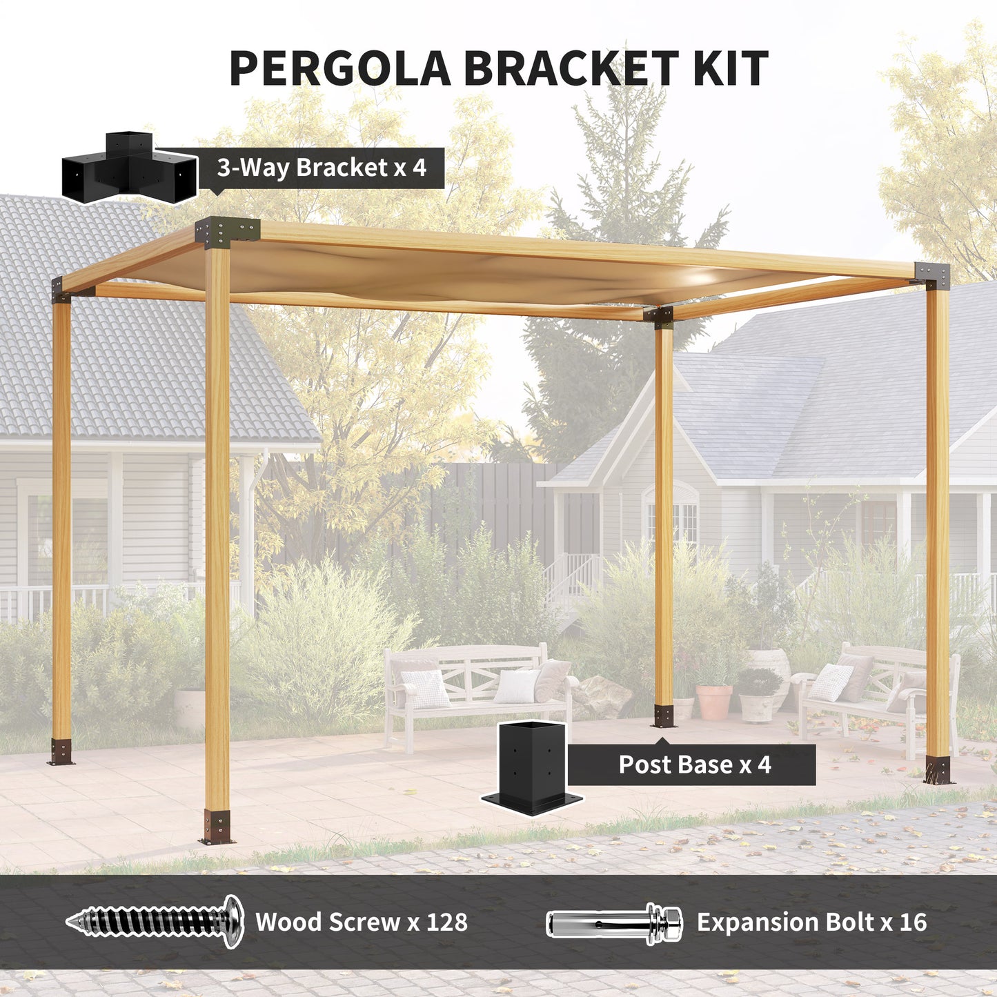 Pergola Kit with 3-Way Corner Brackets & Post Base for 92mm Lumber