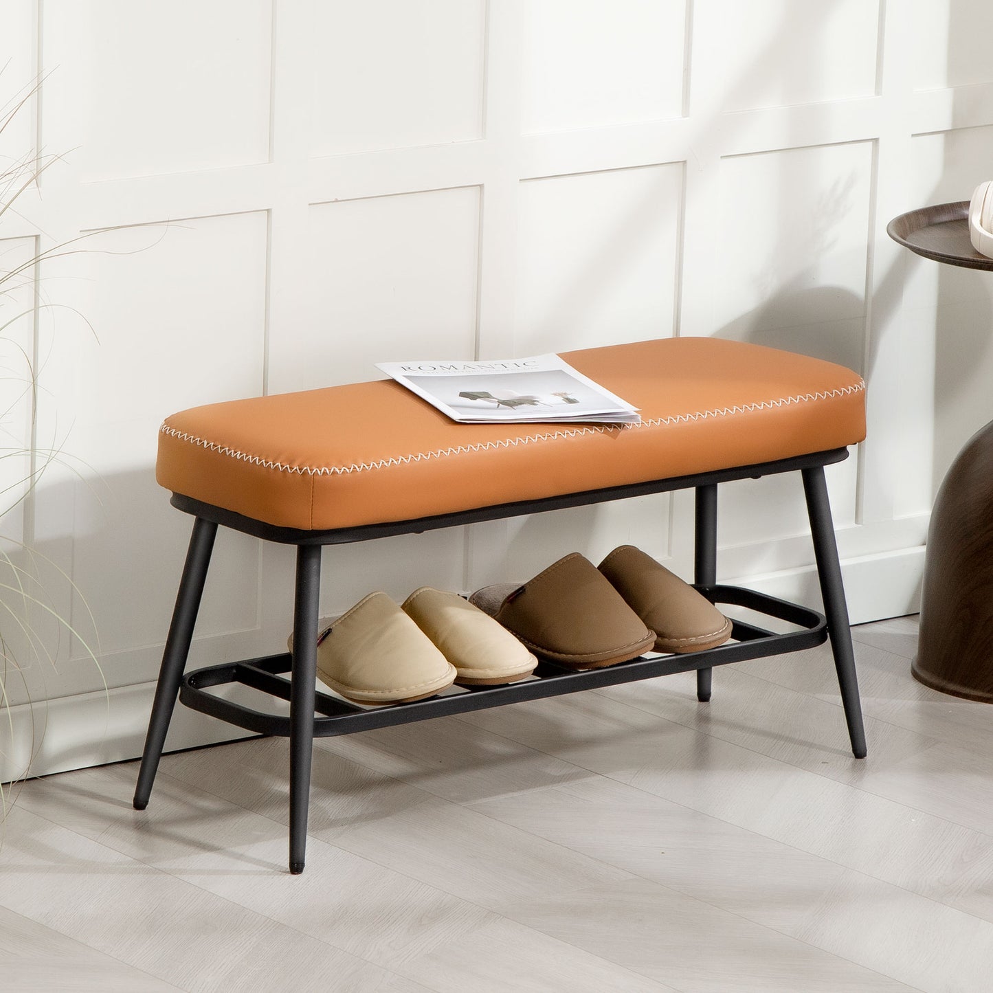 Shoe Bench, PU Leather Shoe Storage Bench for Entryway, Brown