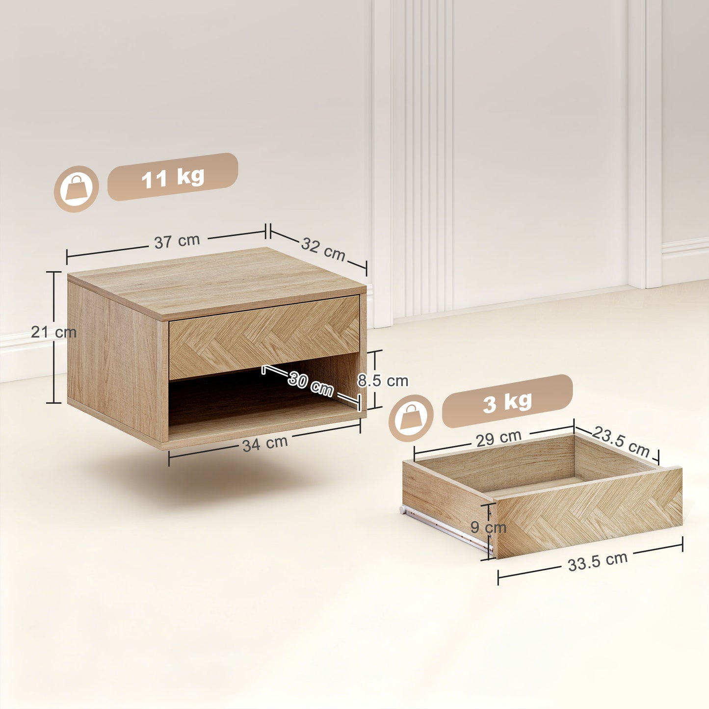 Floating Nightstands Set of 2, Bedside Table w/ Drawer and Open Shelf