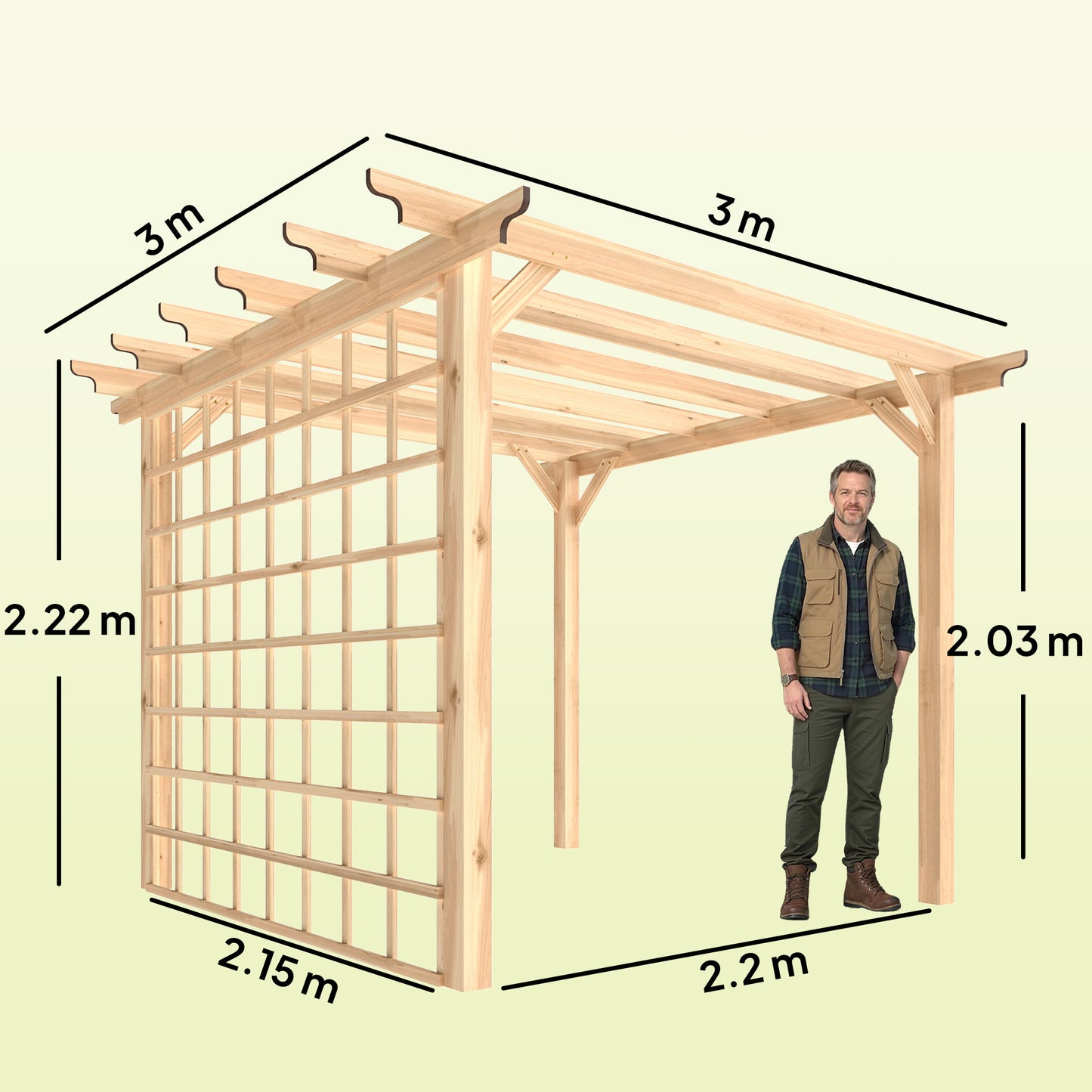3 x 3 m Wooden Pergola Gazebo Arch with Trellis, Nature Wood Finish
