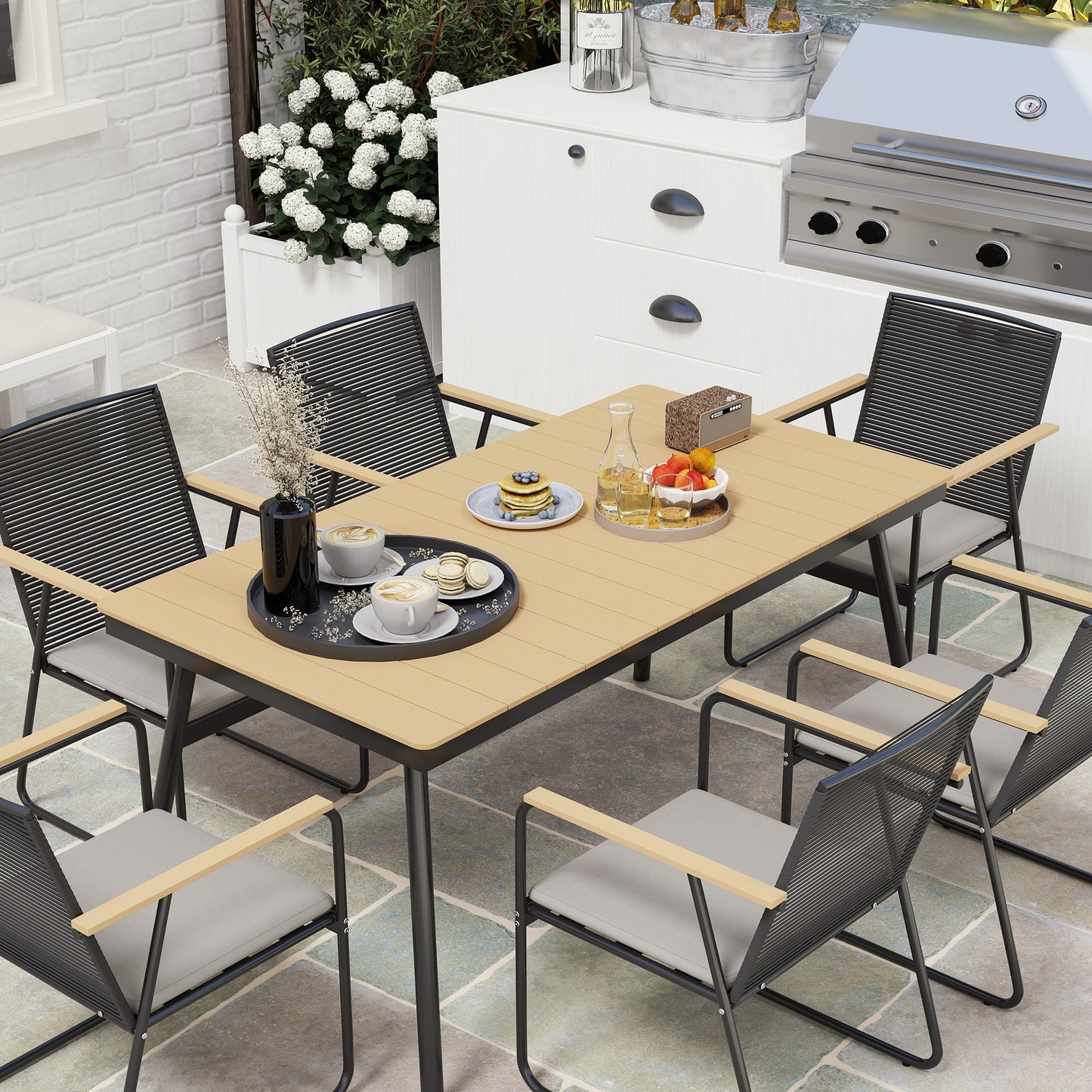 6 Seater Garden Dining Set with Cushions Rattan Backrest, Natural