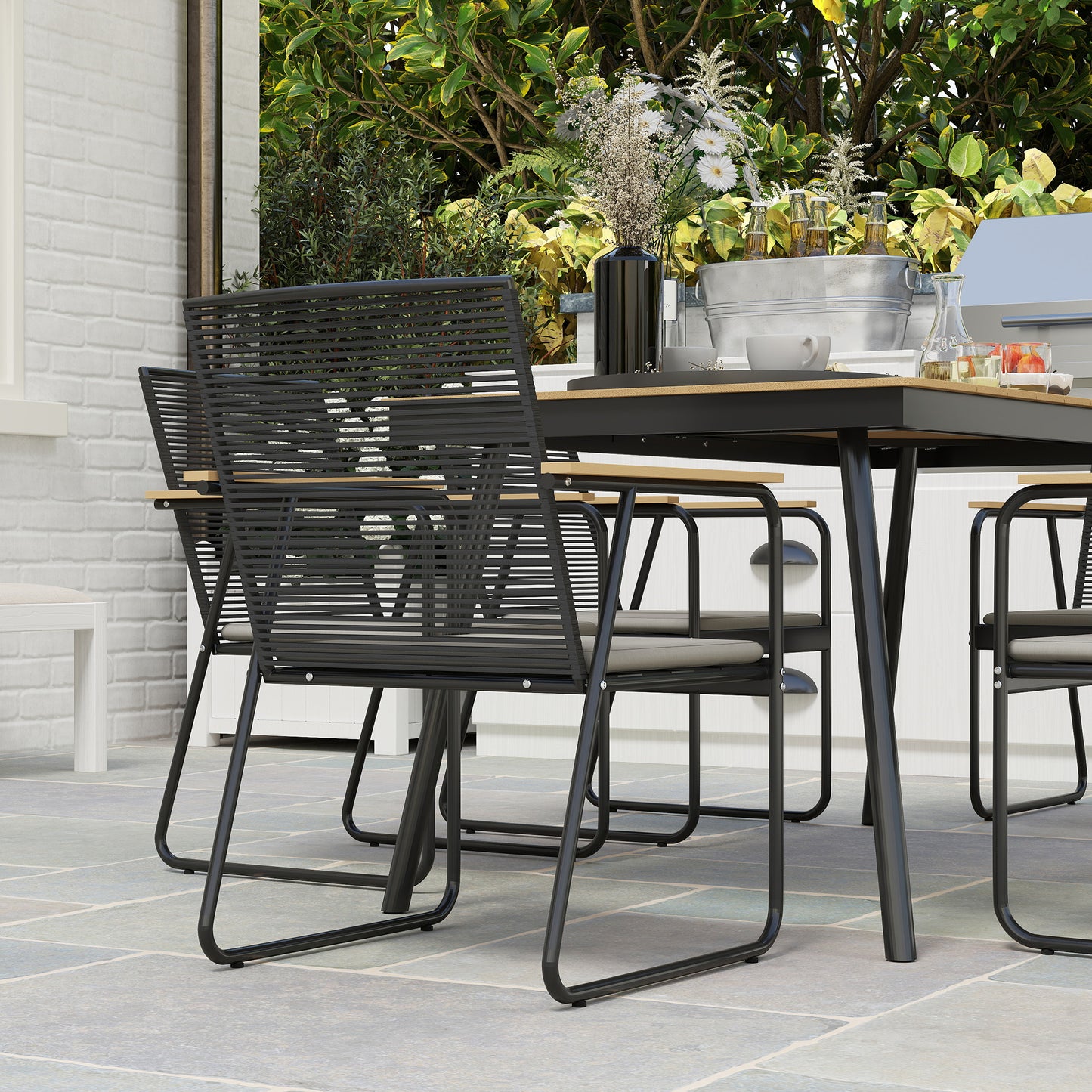 6 Seater Garden Dining Set with Cushions Rattan Backrest, Natural