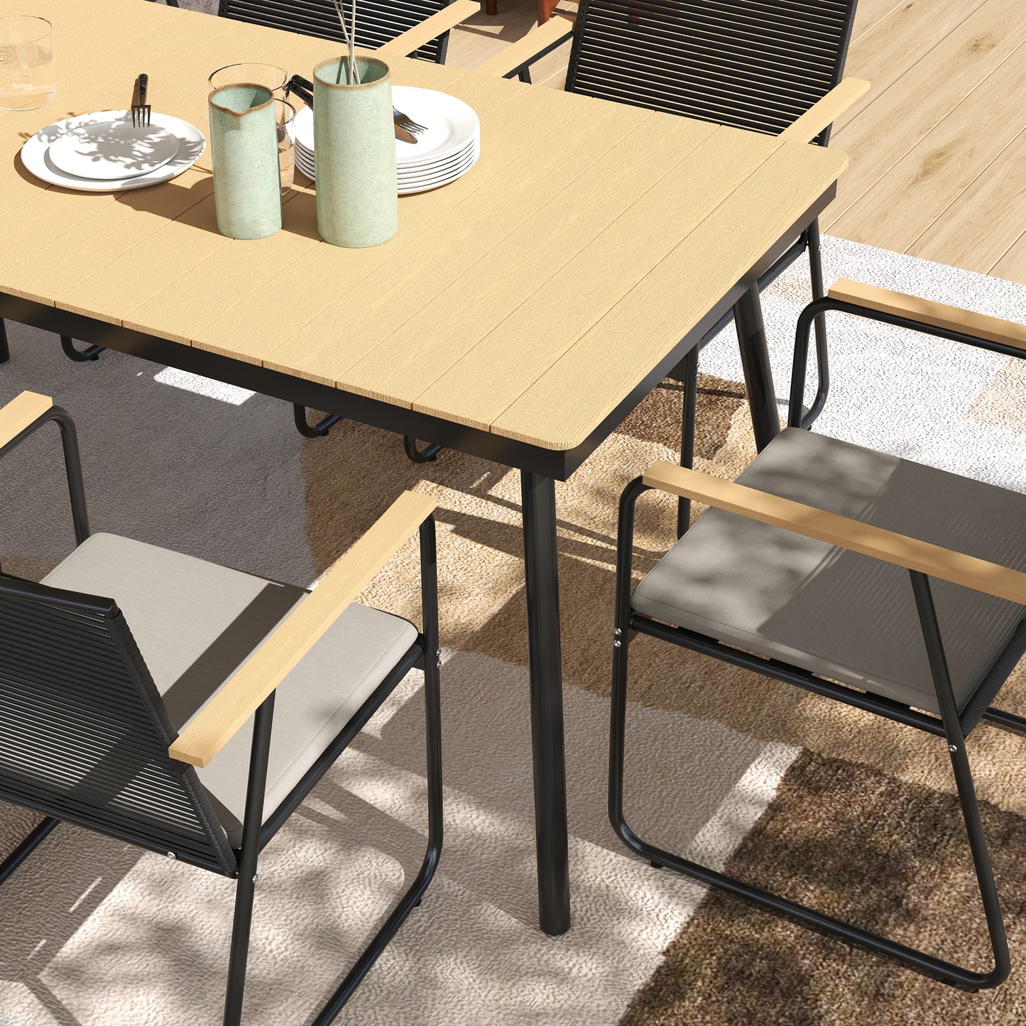 6 Seater Garden Dining Set with Cushions Rattan Backrest, Natural