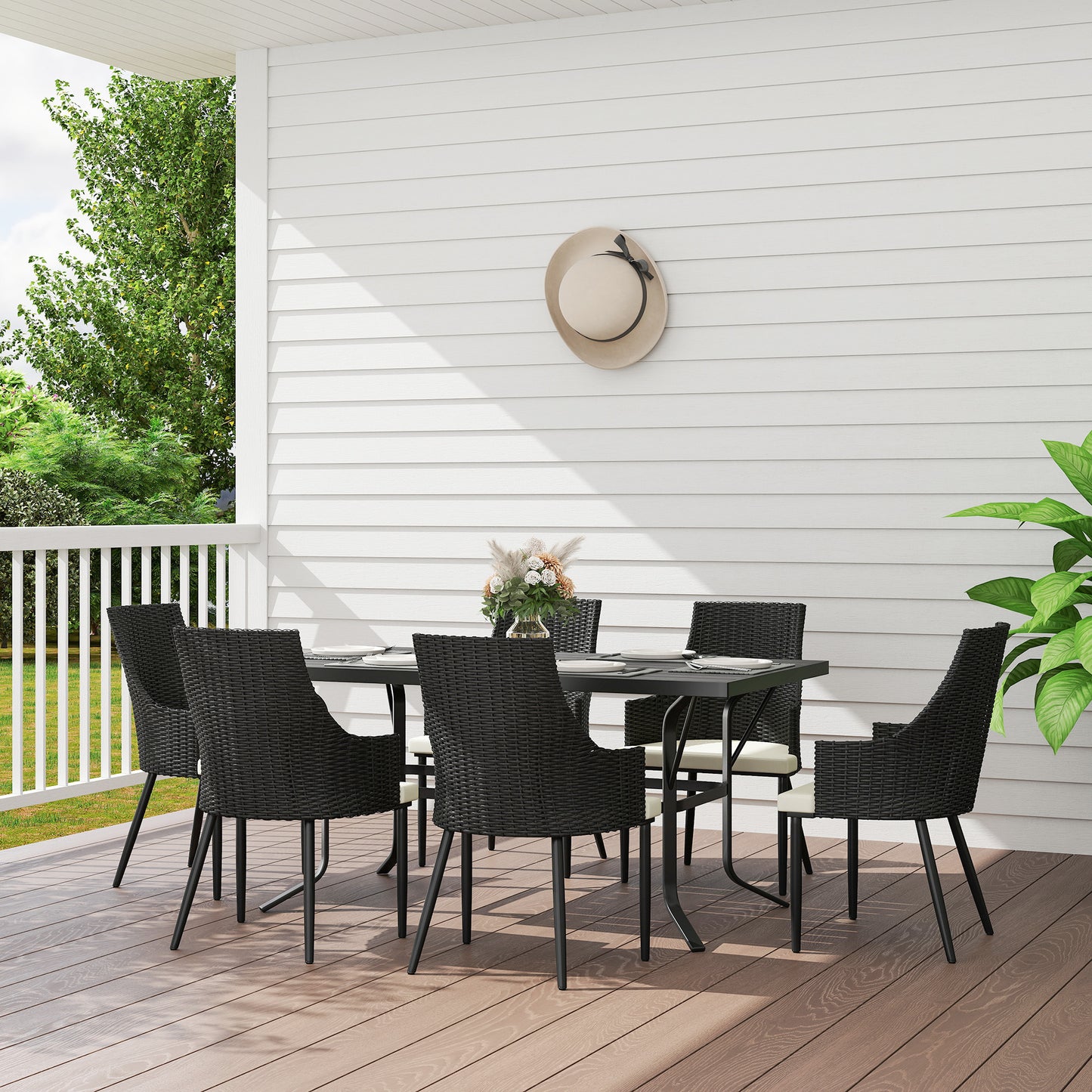 6 Seater Garden Furniture with Cushions, Parasol Hole, Cream White