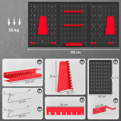 28 Pcs Wall-Mounted Pegboard with Hooks and Storage Shelves, 3 Panels Set Garage DIY Storage Unit Black and Red