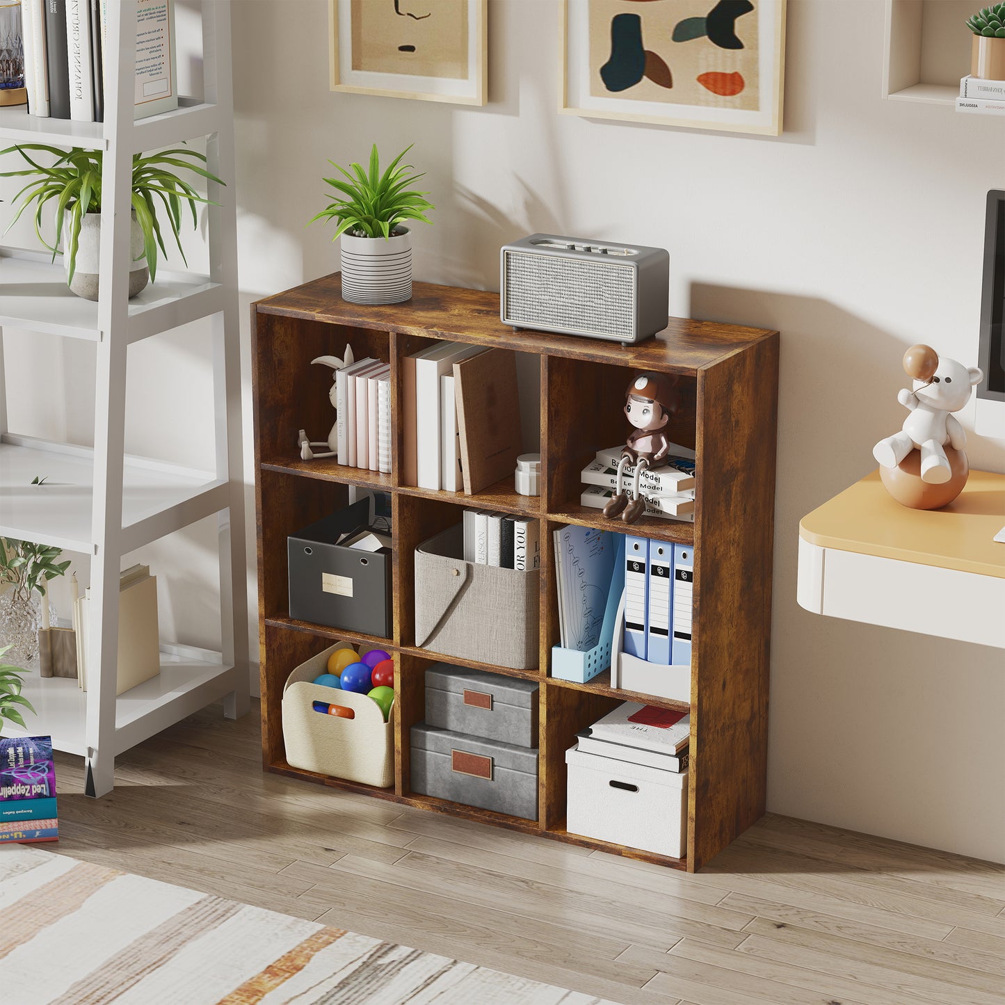 9 Cube Storage Cupboard Bookcase Bookshelf Home Office, Rustic Brown