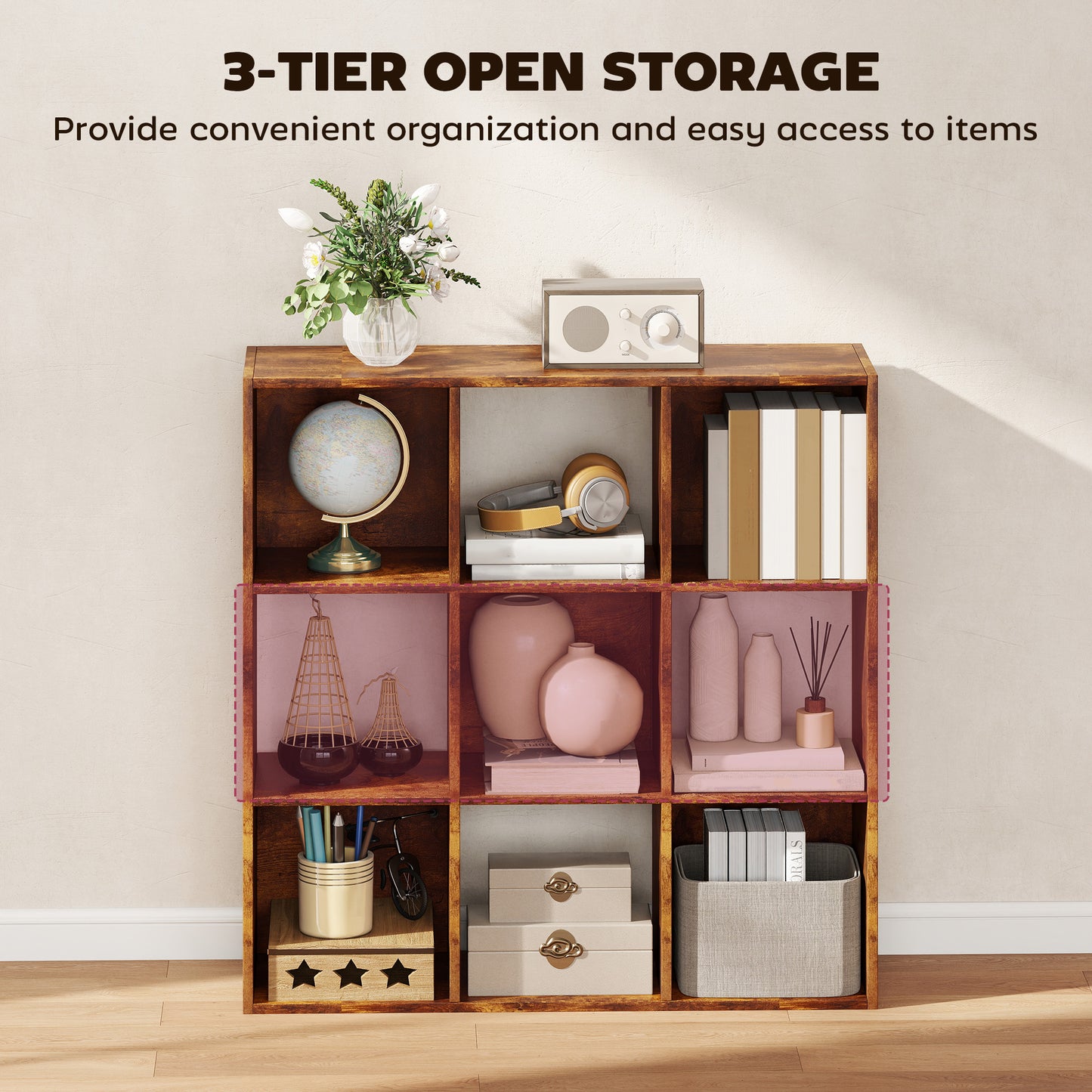 9 Cube Storage Cupboard Bookcase Bookshelf Home Office, Rustic Brown