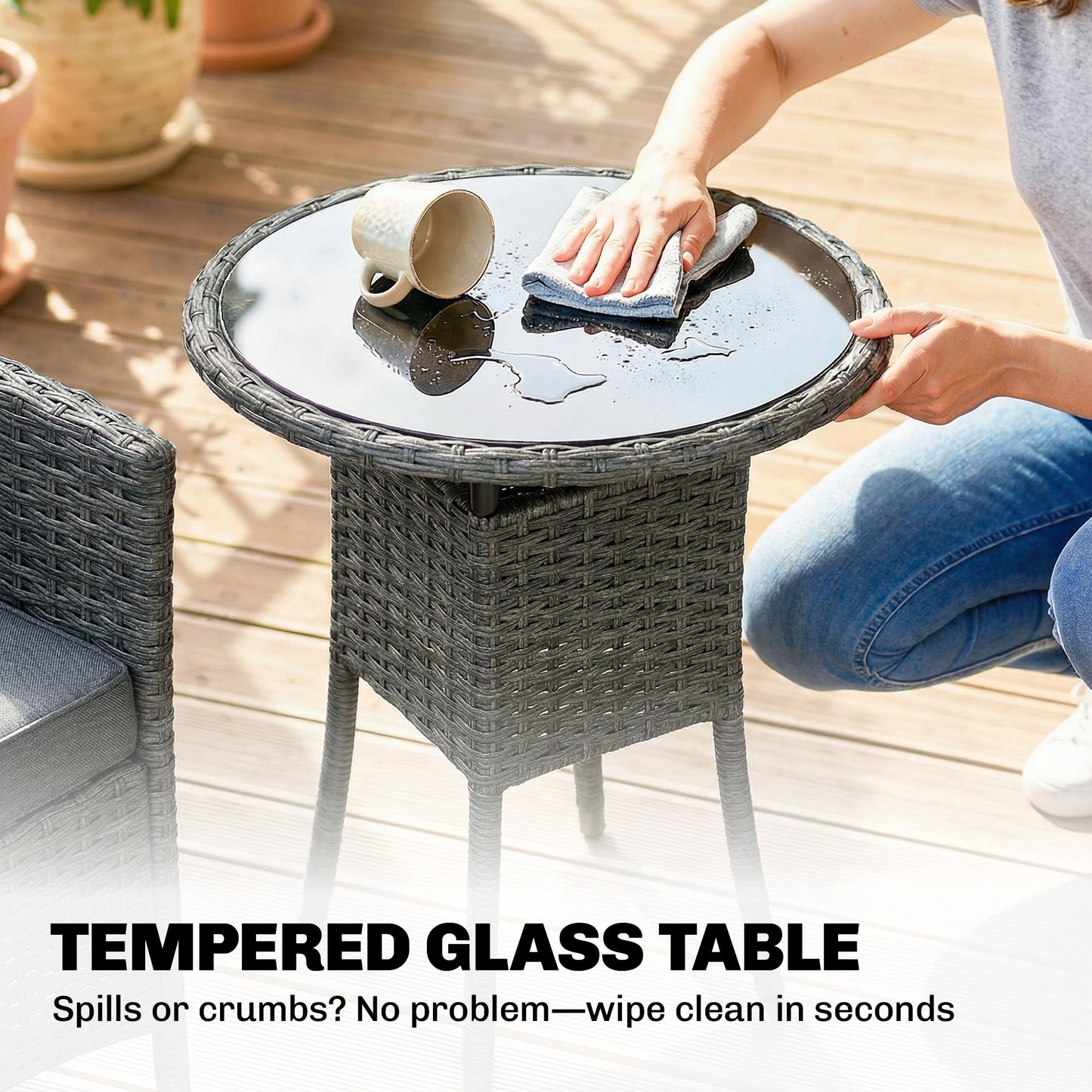 Rattan Bistro Set, Reclining Garden Chairs and Table, Grey