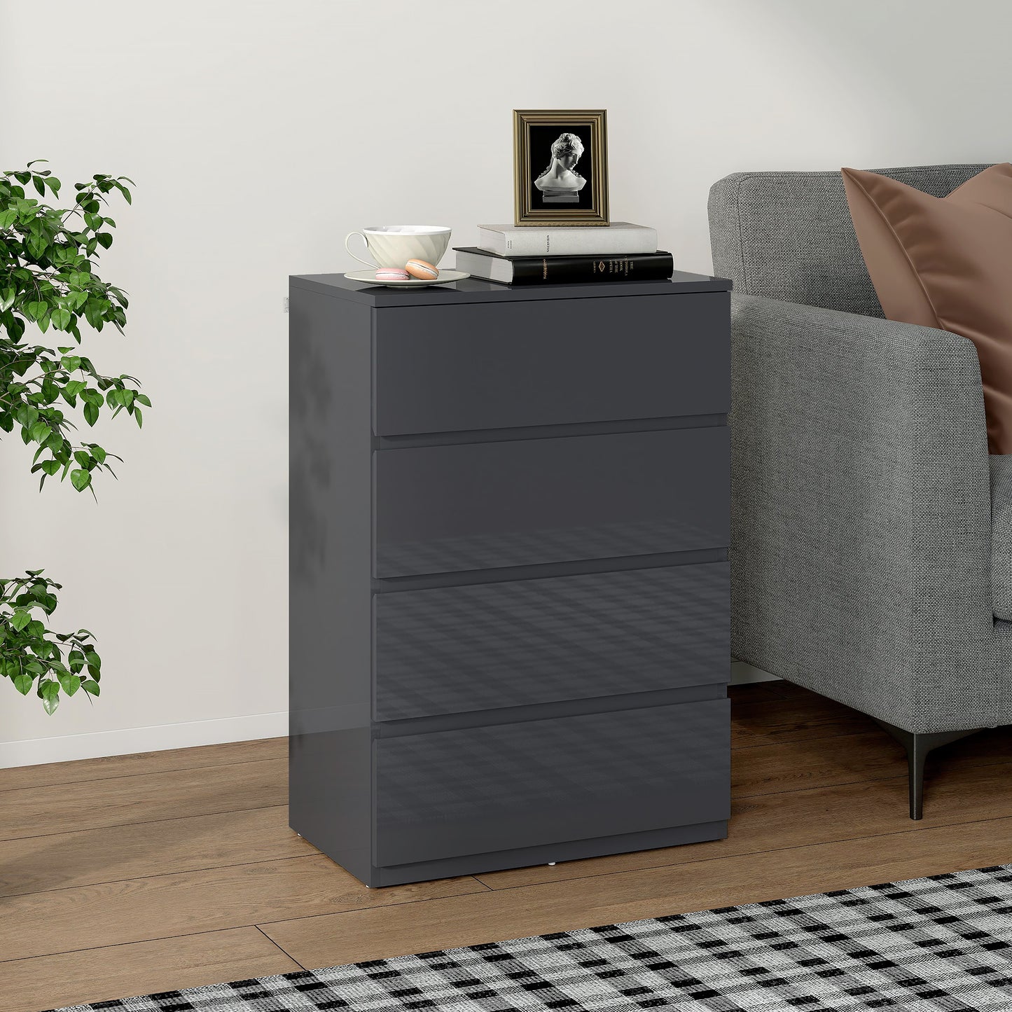 Bedroom Chest of Drawers, High Gloss 4 Drawers Dresser, Grey