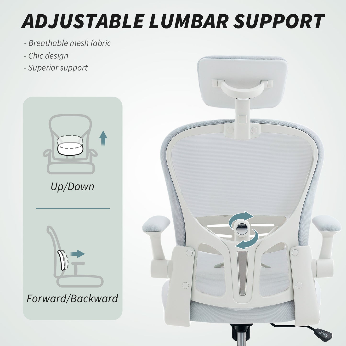 Mesh Chair with Headrest, 4D Lumbar Support, Flip-up Arm, White