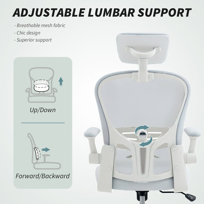 Mesh Chair with Headrest, 4D Lumbar Support, Flip-up Arm, White