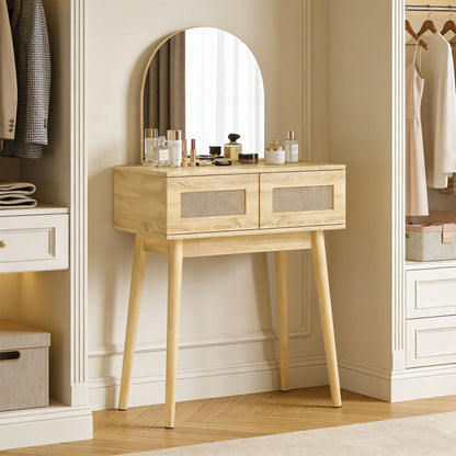 Dressing Table, Vanity Desk w/ Mirror, 2 Drawers, Natural Wood Finish