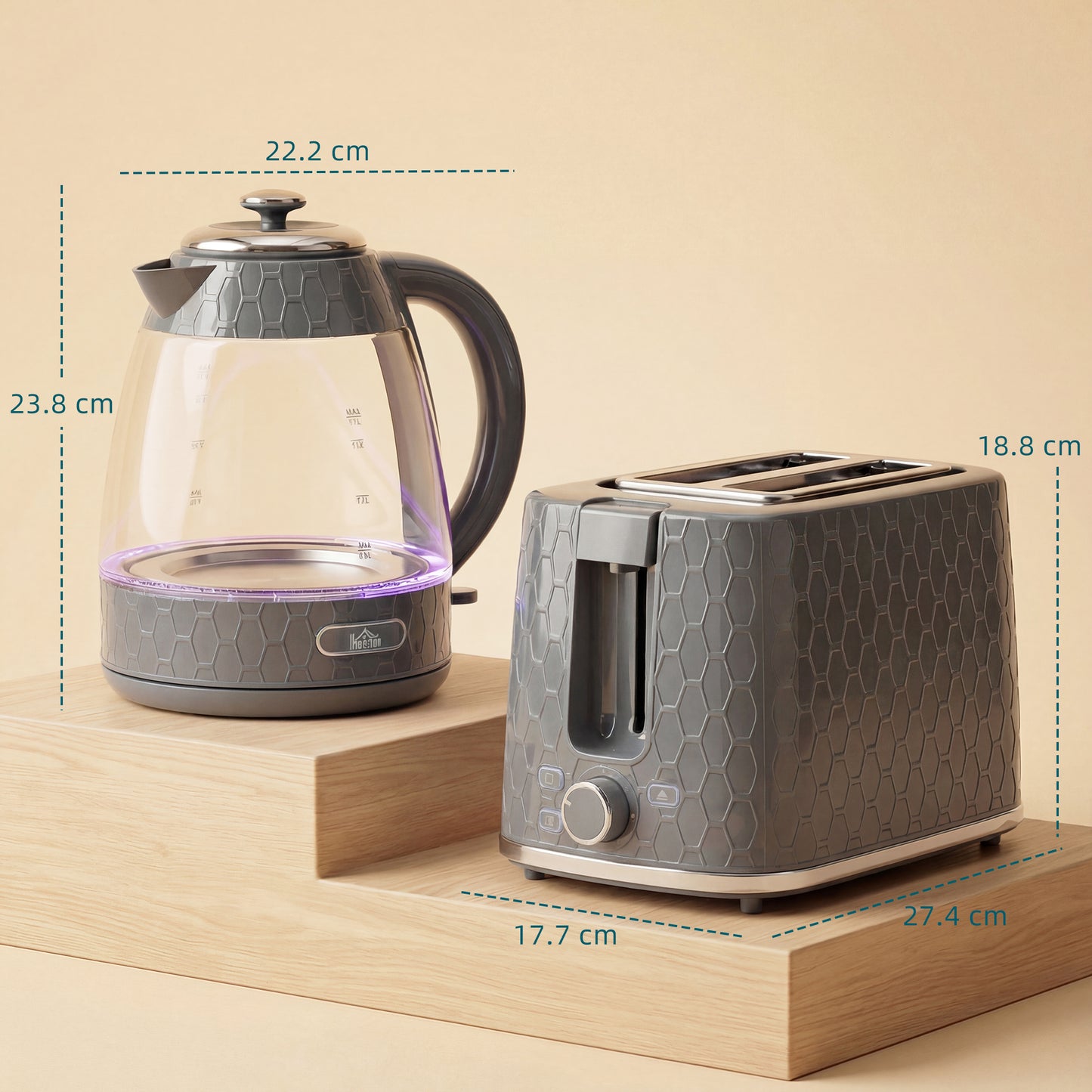 Kettle and Toaster Set with Limescale Filter, Crumb Tray, Grey